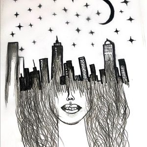 Drawing. Girl with city coming out of head.